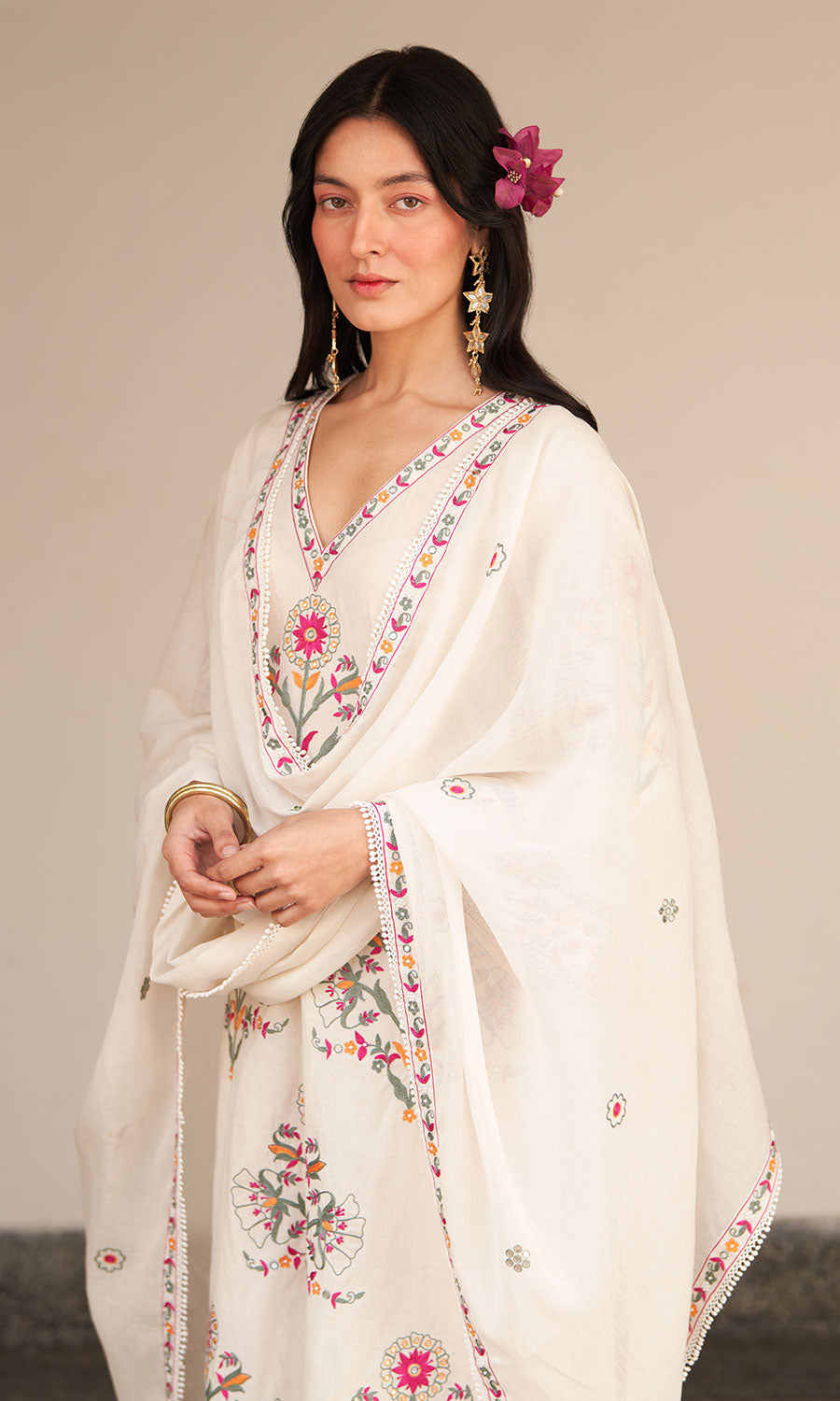 Chandani ivory mughal embroidered straight kurta with palazzo and dupatta ( set of 3) RTS