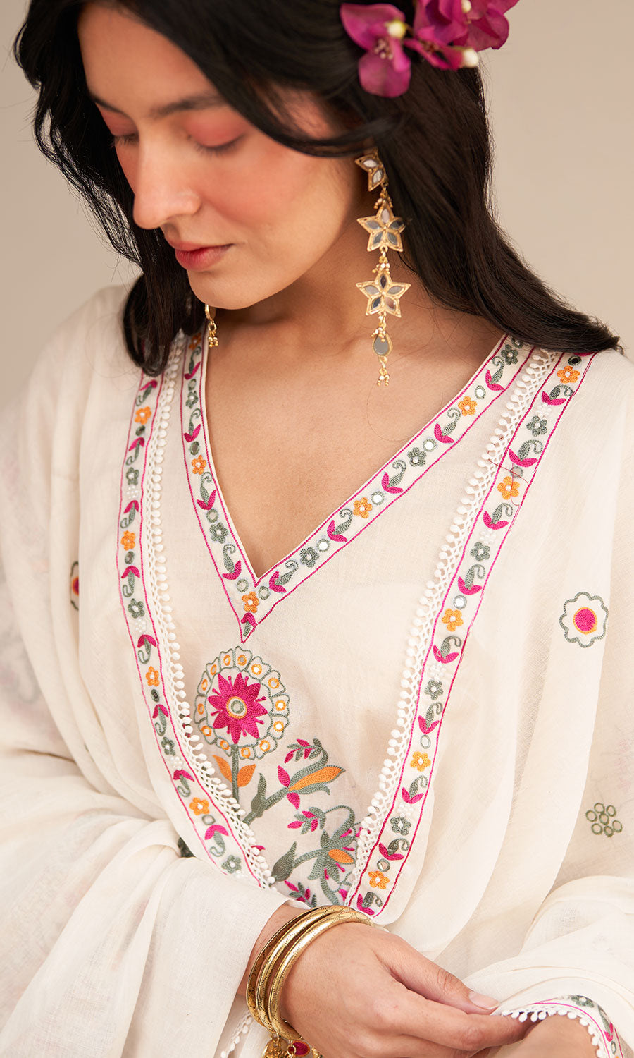 Chandani ivory mughal embroidered straight kurta with palazzo and dupatta ( set of 3) RTS