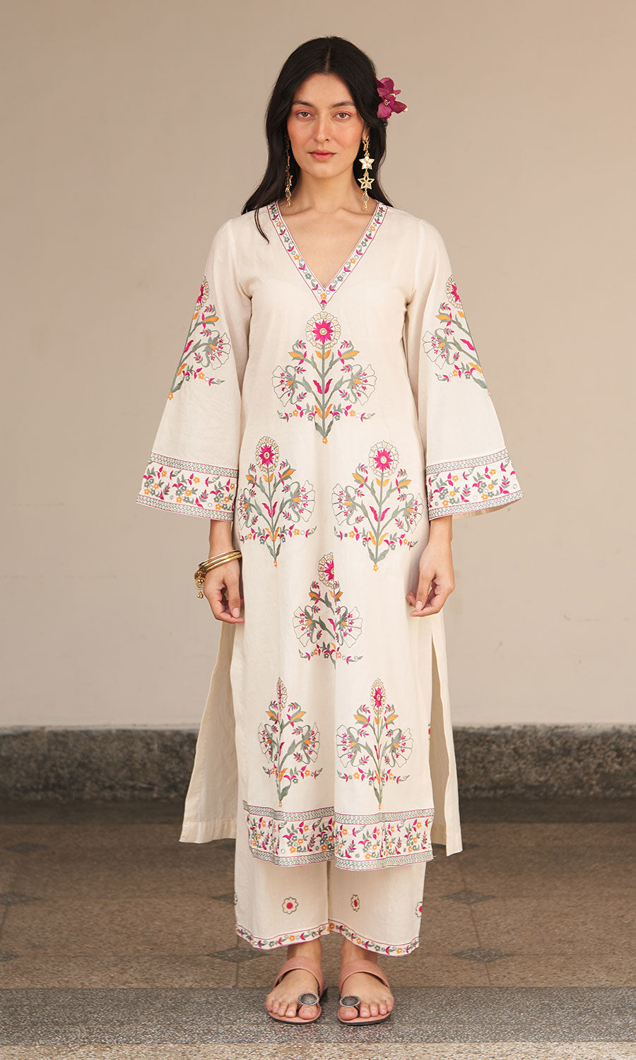 Chandani ivory mughal embroidered straight kurta with palazzo and dupatta ( set of 3) RTS