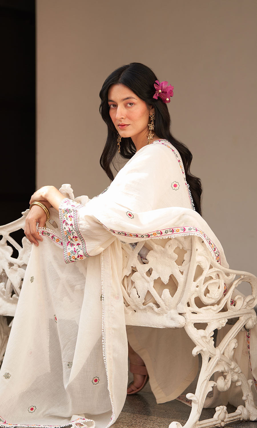 Chandani ivory mughal embroidered straight kurta with palazzo and dupatta ( set of 3) RTS