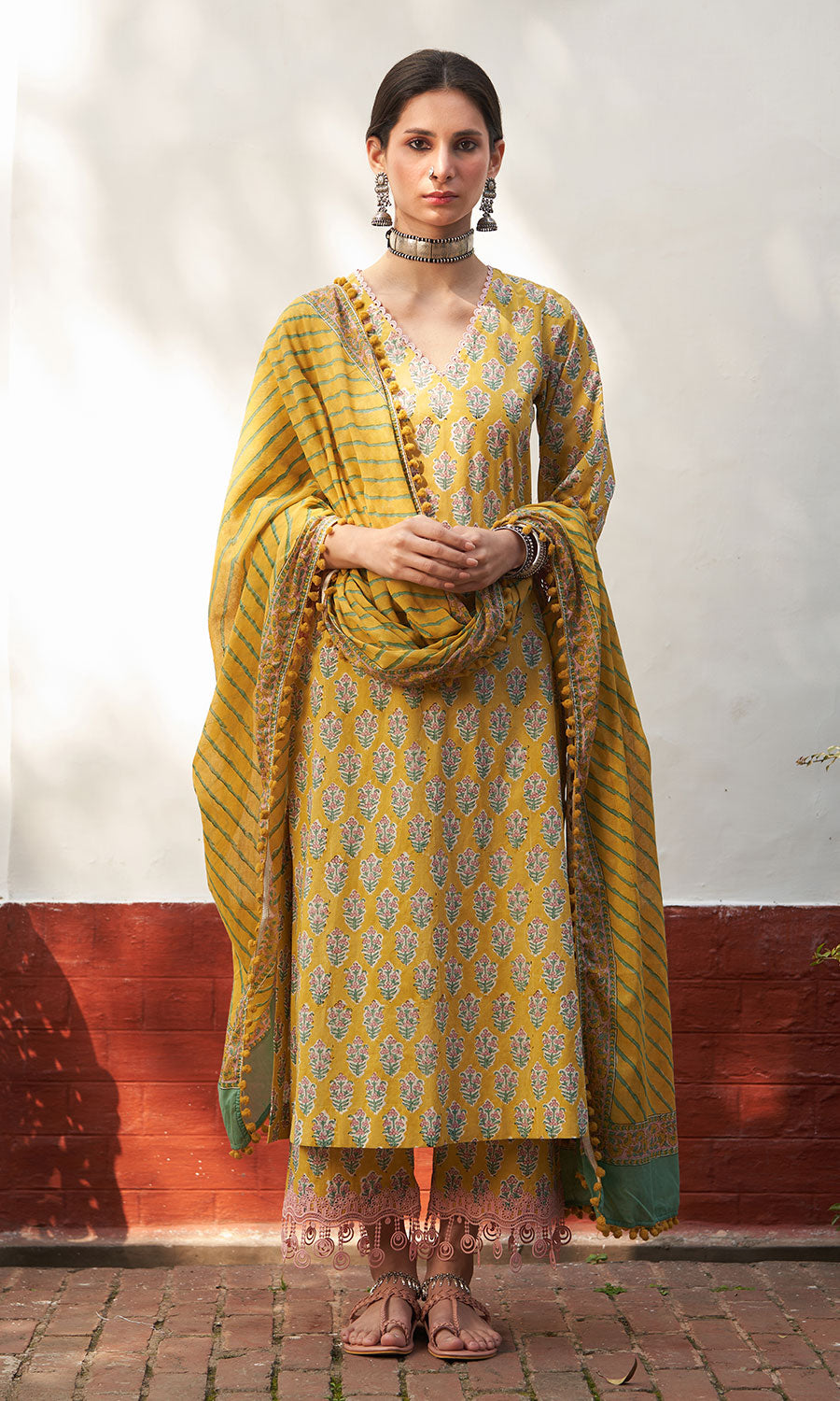 Chandani mustard block printed straight kurta with palazzo and leheriya dupatta(set of 3) RTS