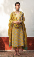Chandani mustard block printed straight kurta with palazzo and leheriya dupatta(set of 3) RTS
