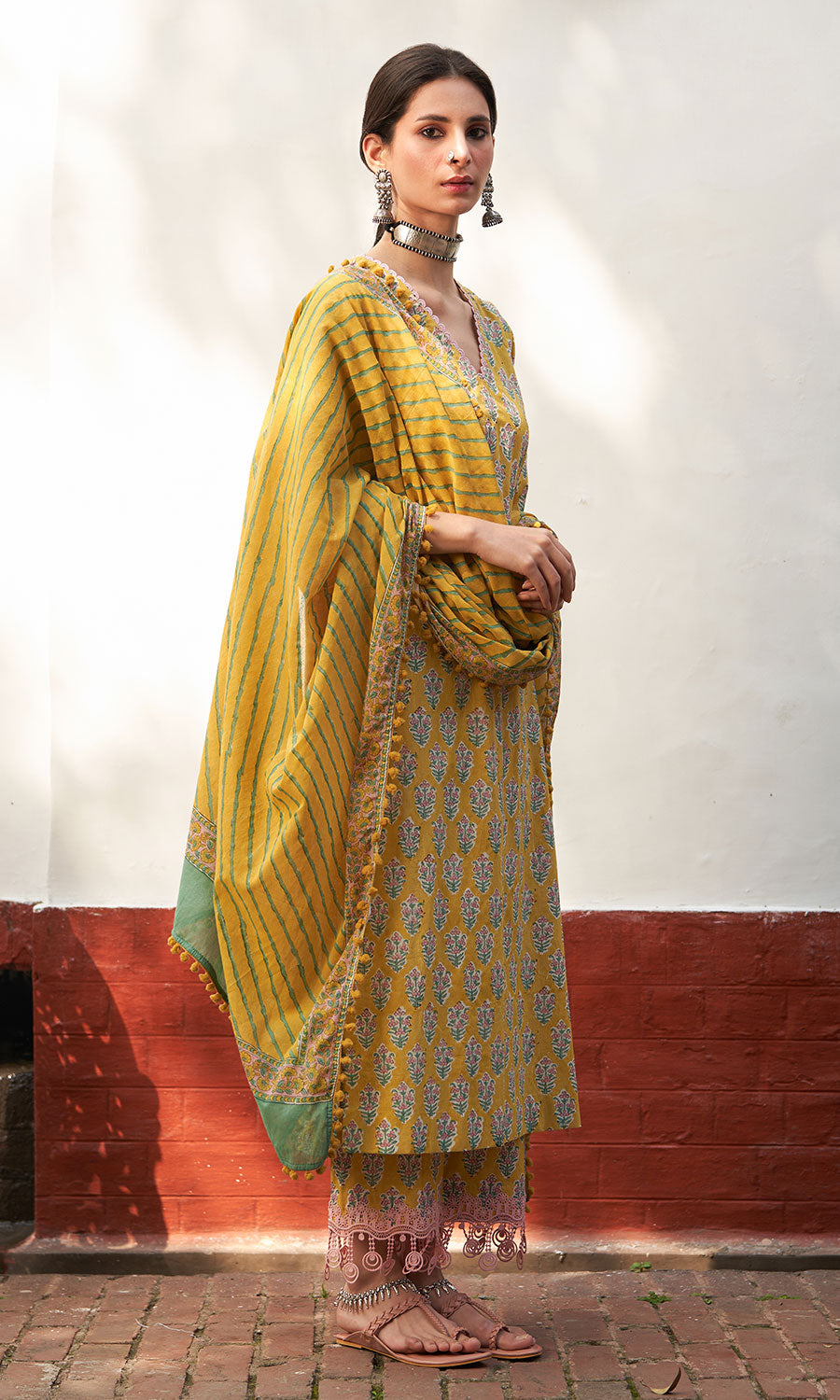 Chandani mustard block printed straight kurta with palazzo and leheriya dupatta(set of 3) RTS