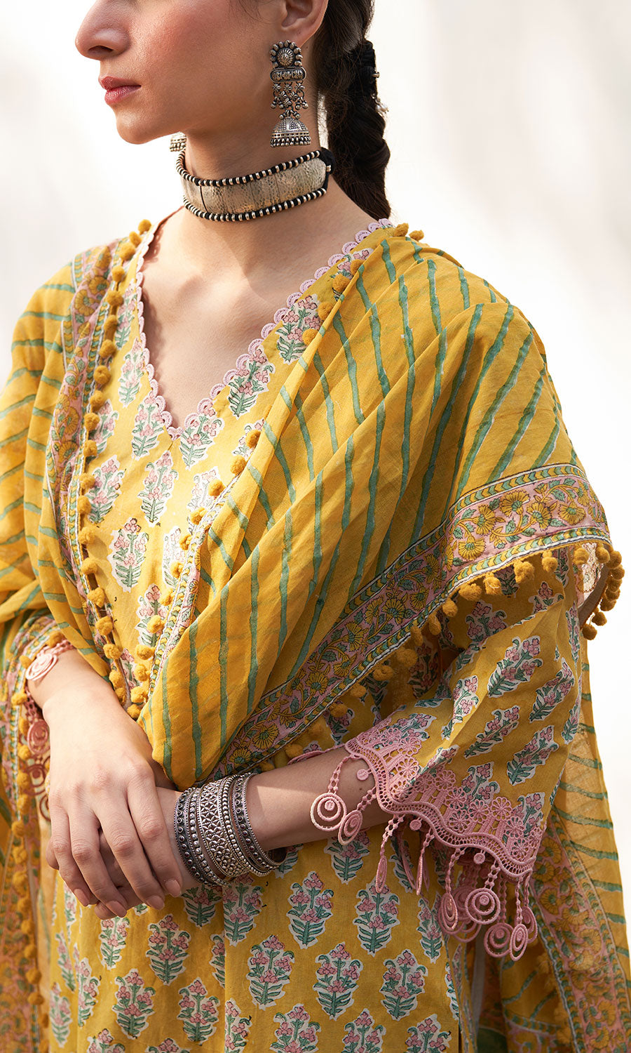 Chandani mustard block printed straight kurta with palazzo and leheriya dupatta(set of 3) RTS