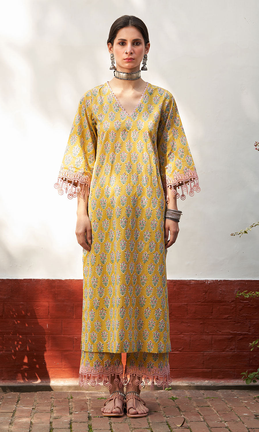 Chandani mustard block printed straight kurta with palazzo and leheriya dupatta(set of 3) RTS