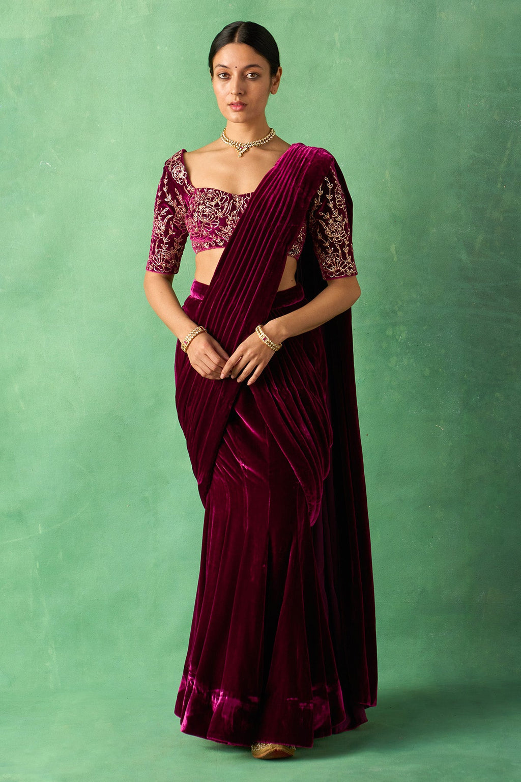 Zooni embroidered Deep orchid silk velvet drape saree with blouse ( set of 2) - Ready to ship