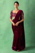Zooni embroidered Deep orchid silk velvet drape saree with blouse ( set of 2) - Ready to ship