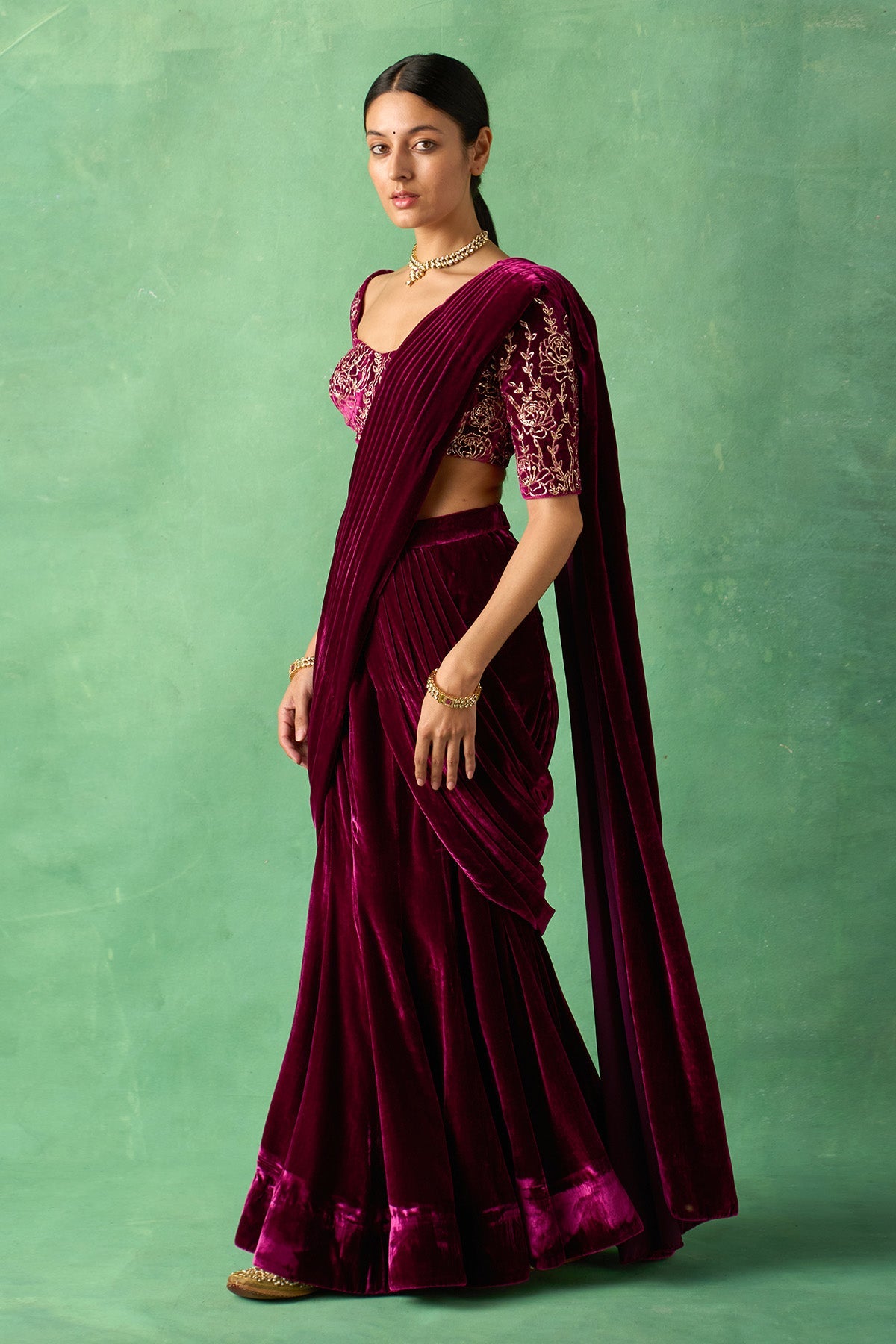 Zooni embroidered Deep orchid silk velvet drape saree with blouse ( set of 2) - Ready to ship