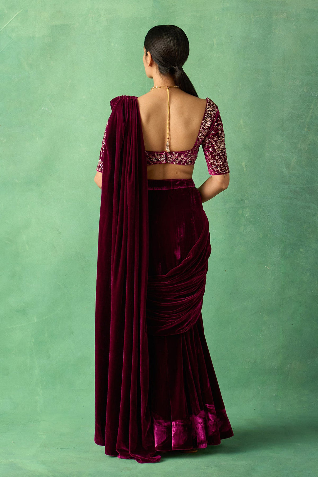Zooni embroidered Deep orchid silk velvet drape saree with blouse ( set of 2) - Ready to ship