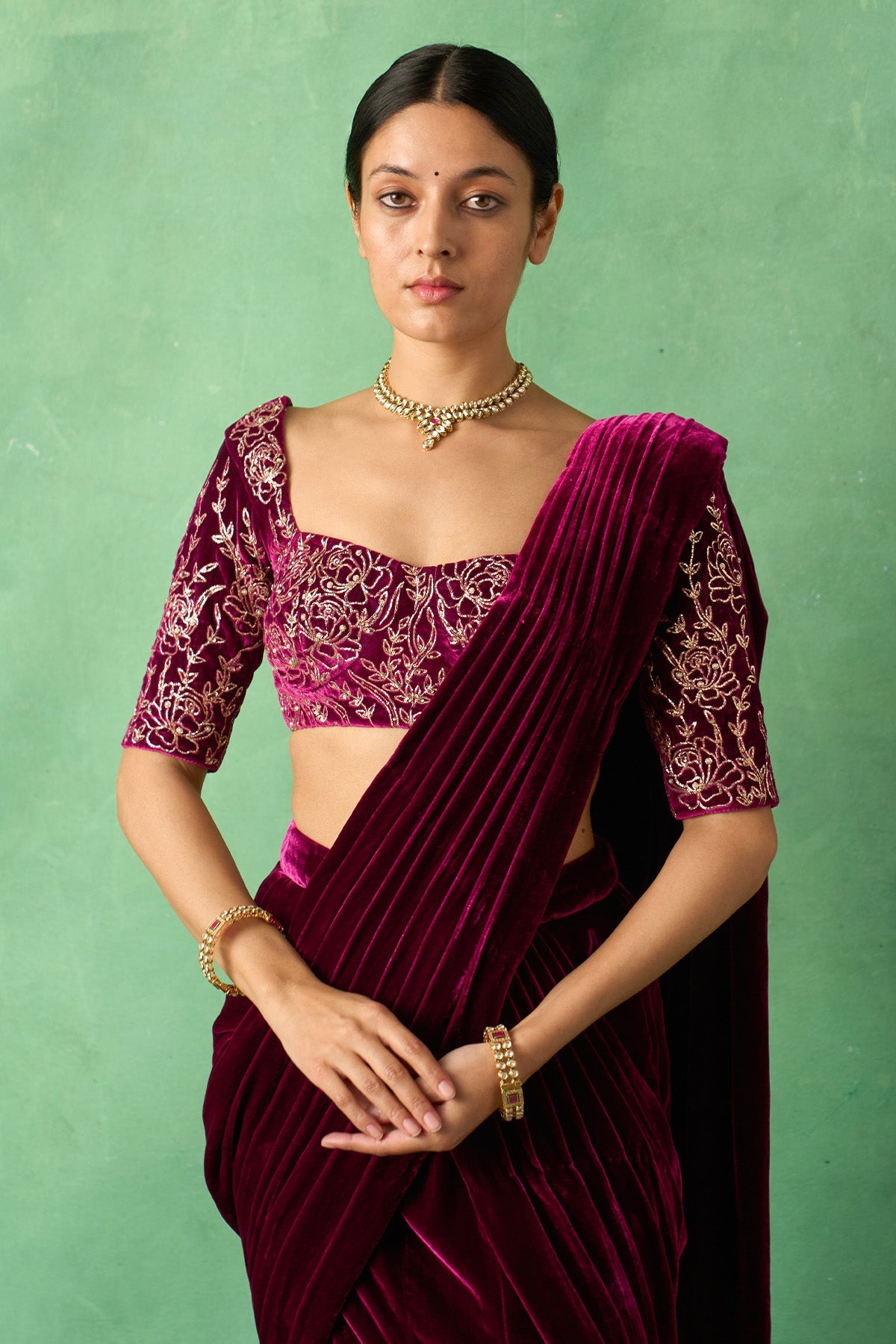 Zooni embroidered Deep orchid silk velvet drape saree with blouse ( set of 2) - Ready to ship