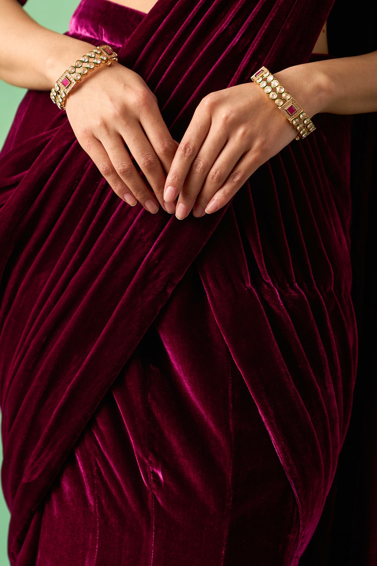 Zooni embroidered Deep orchid silk velvet drape saree with blouse ( set of 2) - Ready to ship
