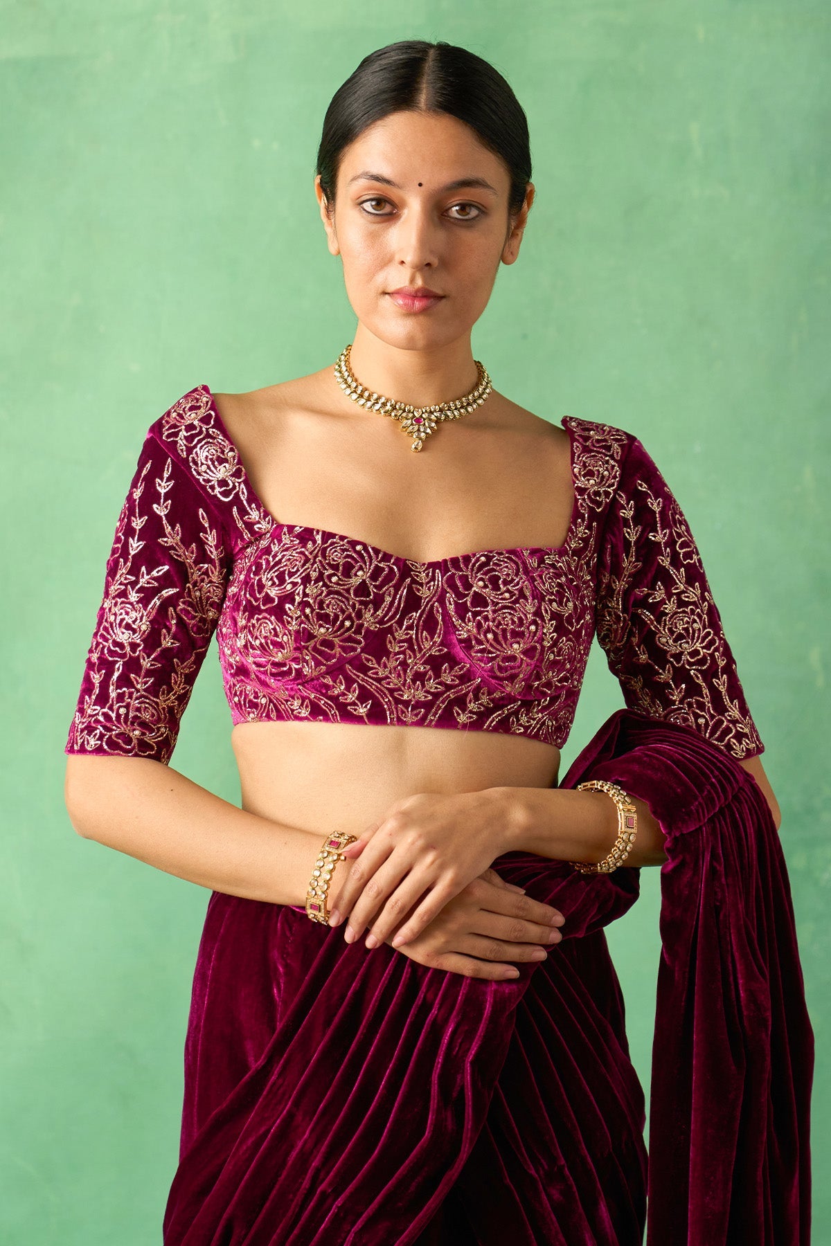 Zooni embroidered Deep orchid silk velvet drape saree with blouse ( set of 2) - Ready to ship