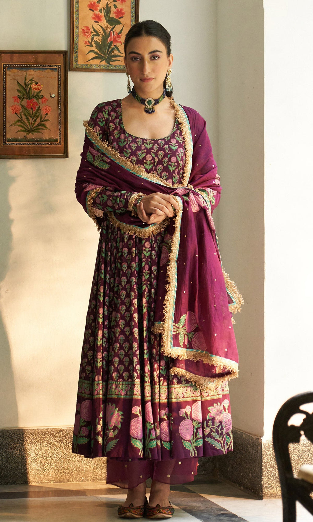 Ghazal Block Printed Wine Anarkali with solid Palazzo and Mukaish dupatta set of 3 RTS