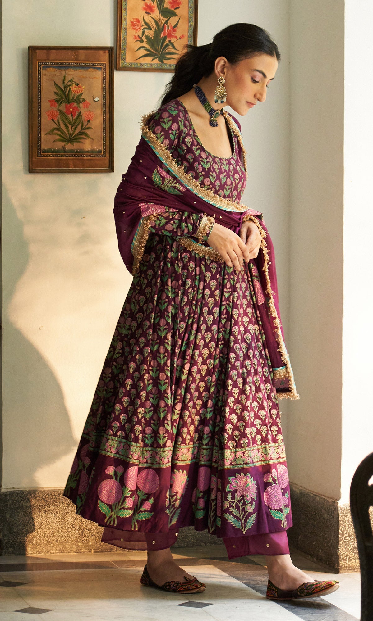 Ghazal Block Printed Wine Anarkali with solid Palazzo and Mukaish dupatta set of 3 RTS