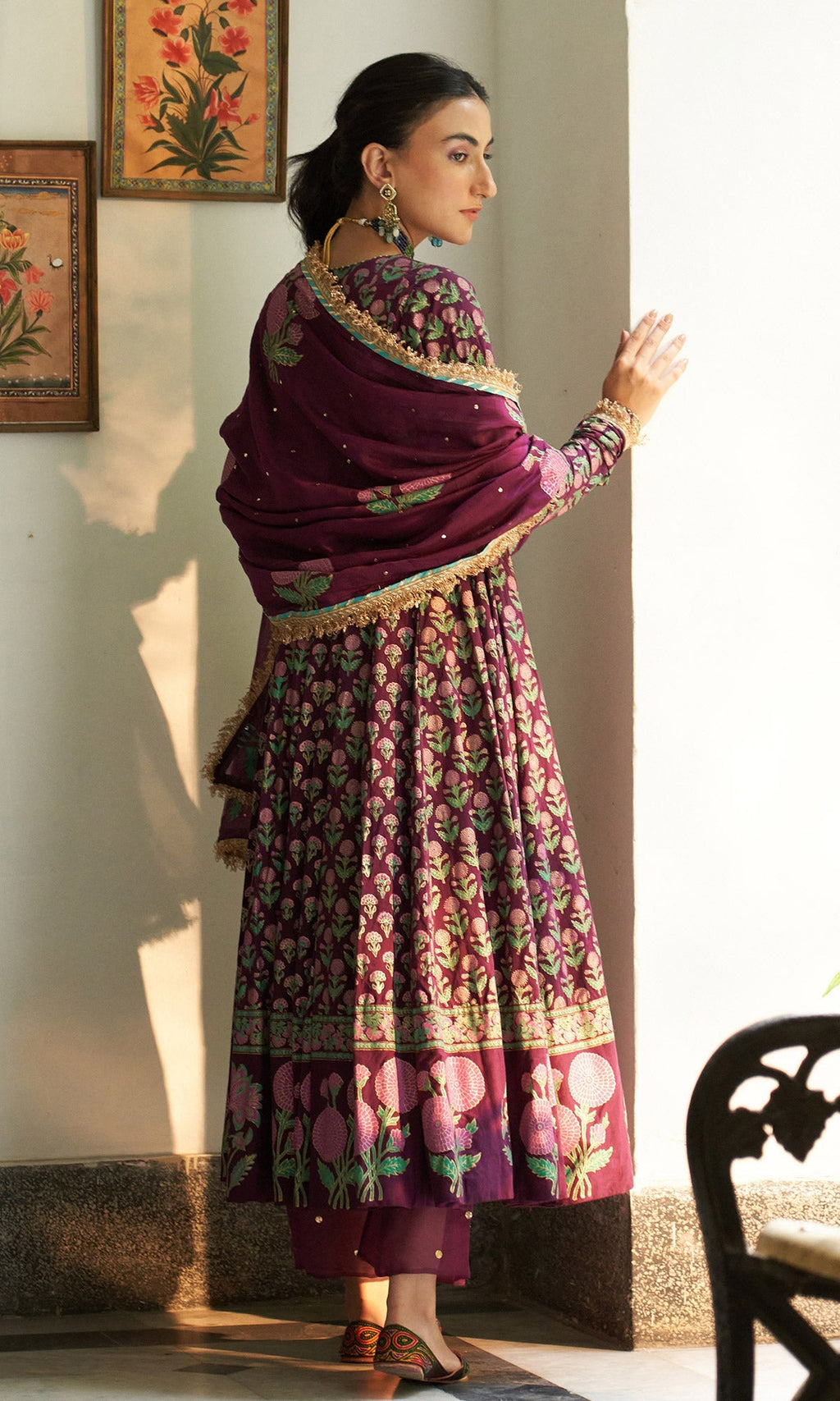 Ghazal Block Printed Wine Anarkali with solid Palazzo and Mukaish dupatta set of 3 RTS