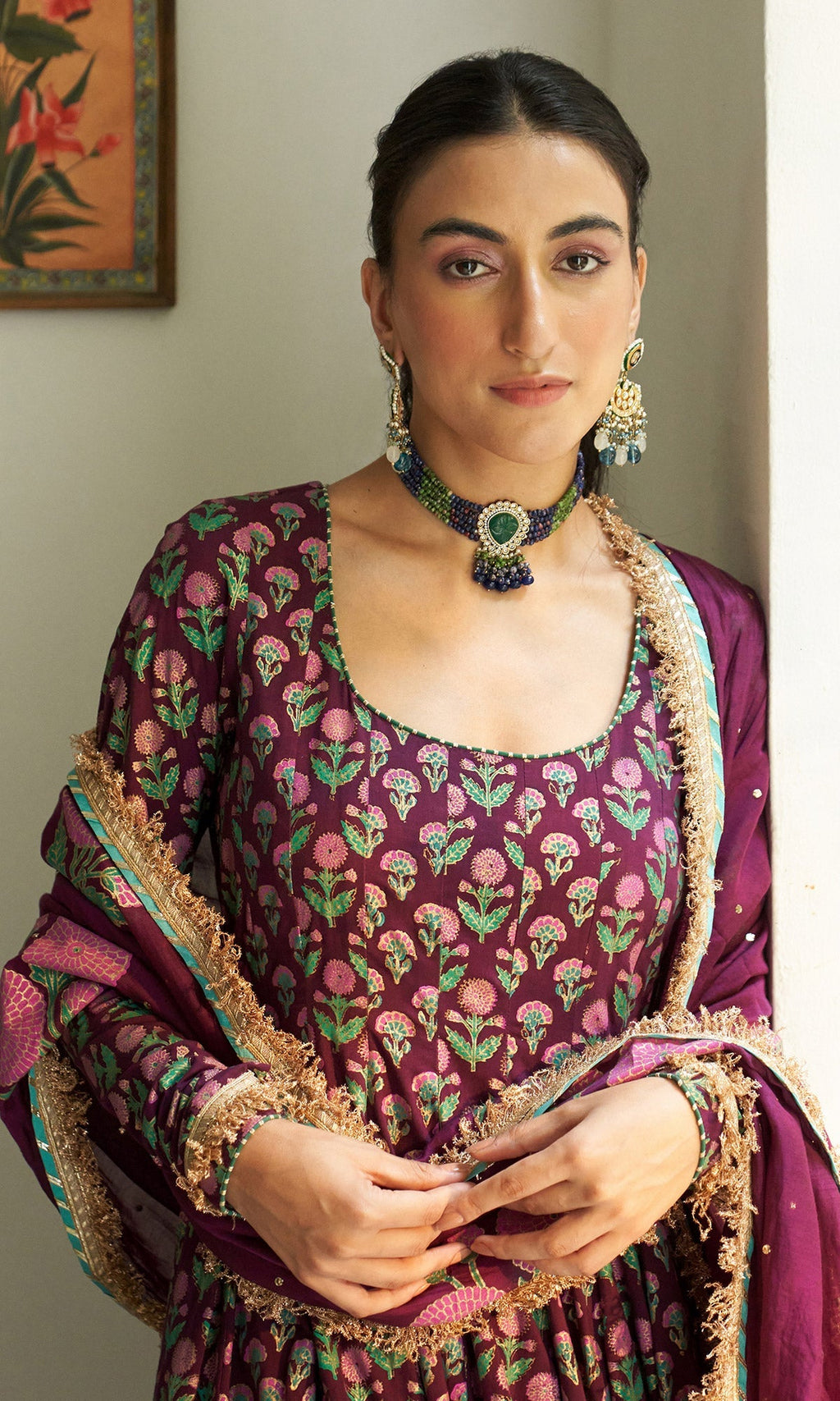 Ghazal Block Printed Wine Anarkali with solid Palazzo and Mukaish dupatta set of 3 RTS