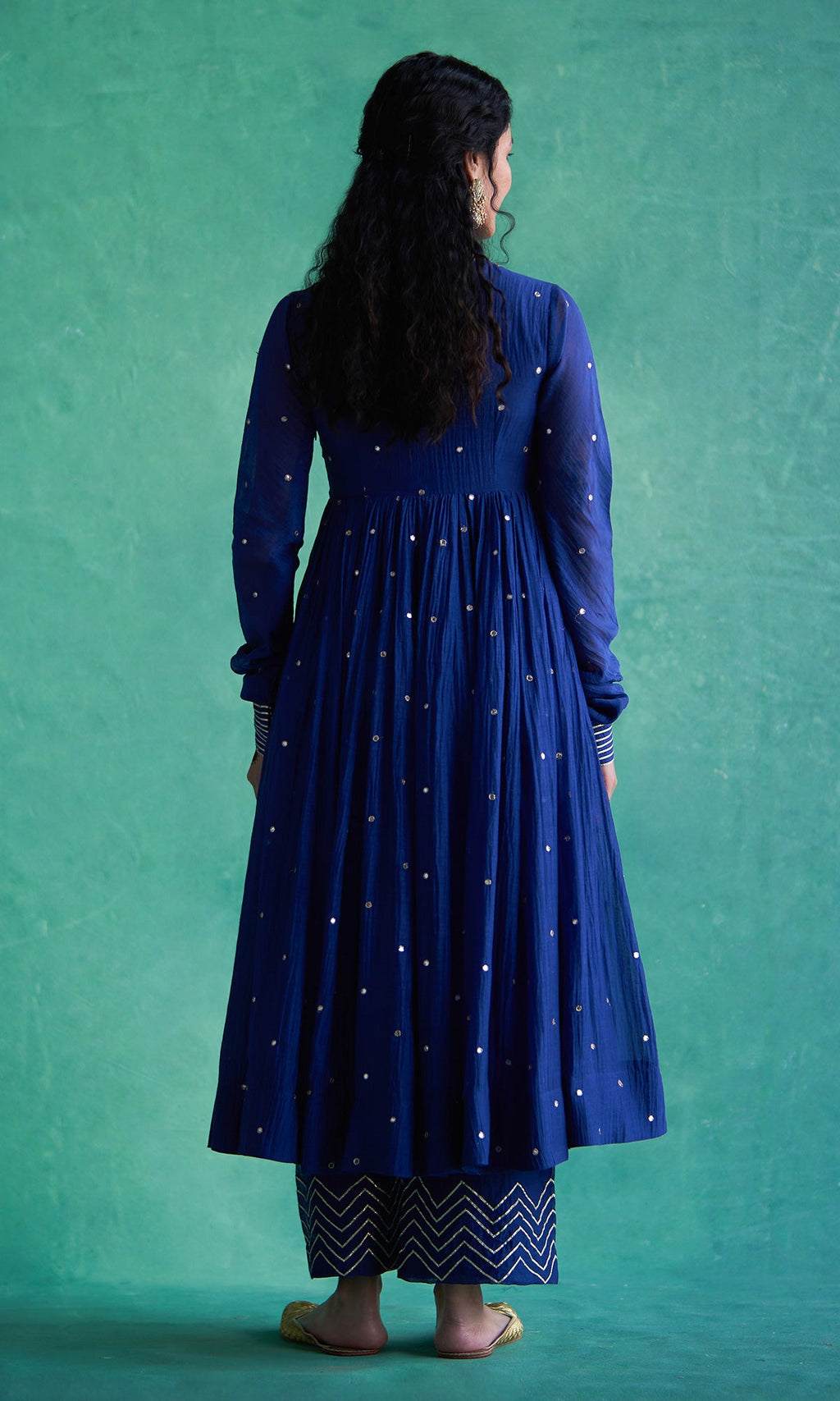 Haseena Blue V-neck Anarkali With Palazzo And Hand Block Print Tissue Chanderi Dupatta (Set Of 3) RTS