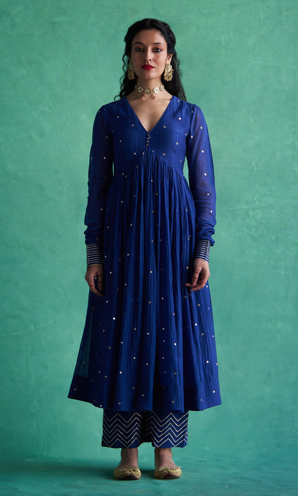 Haseena Blue V-neck Anarkali With Palazzo And Hand Block Print Tissue Chanderi Dupatta (Set Of 3) RTS