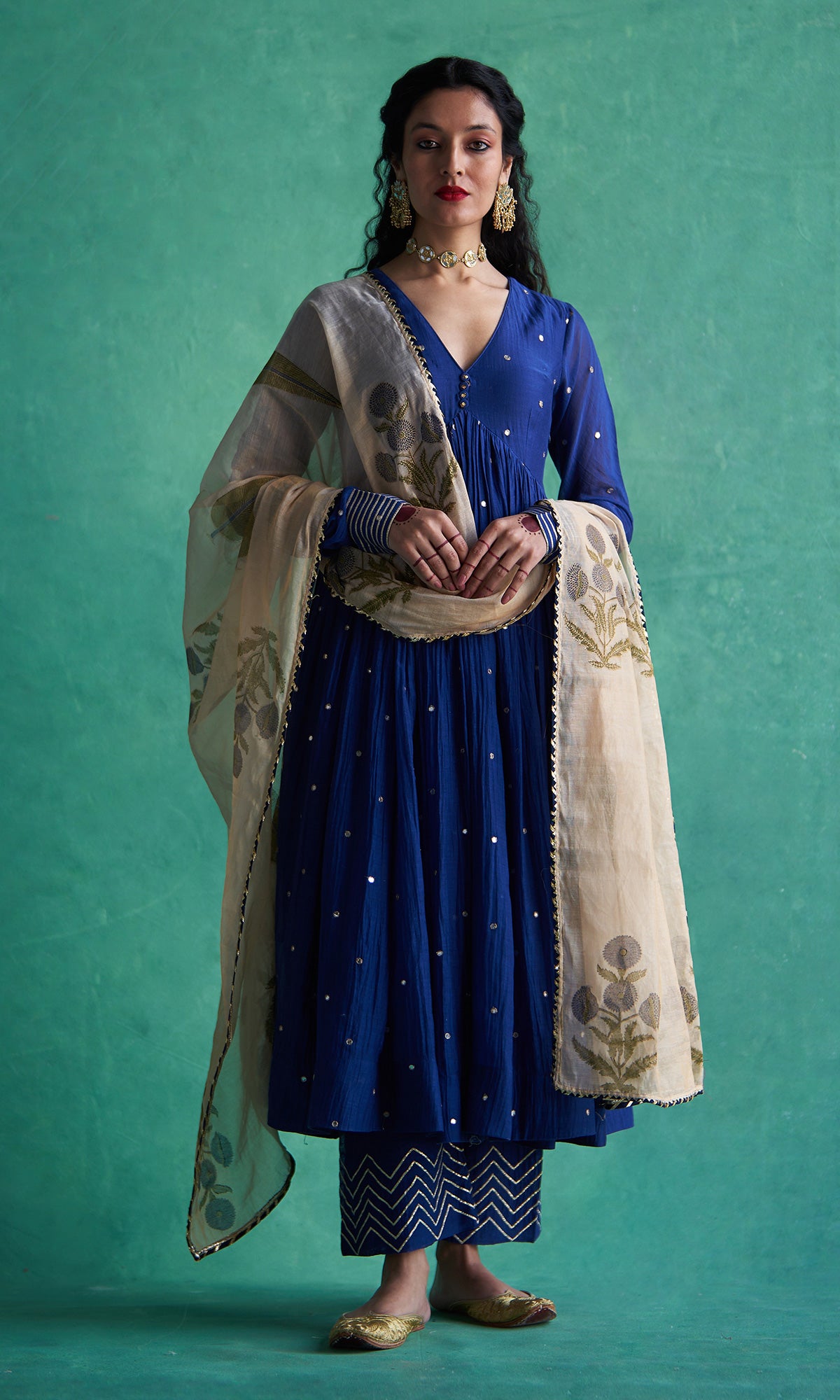 Haseena Blue V-neck Anarkali With Palazzo And Hand Block Print Tissue Chanderi Dupatta (Set Of 3) RTS