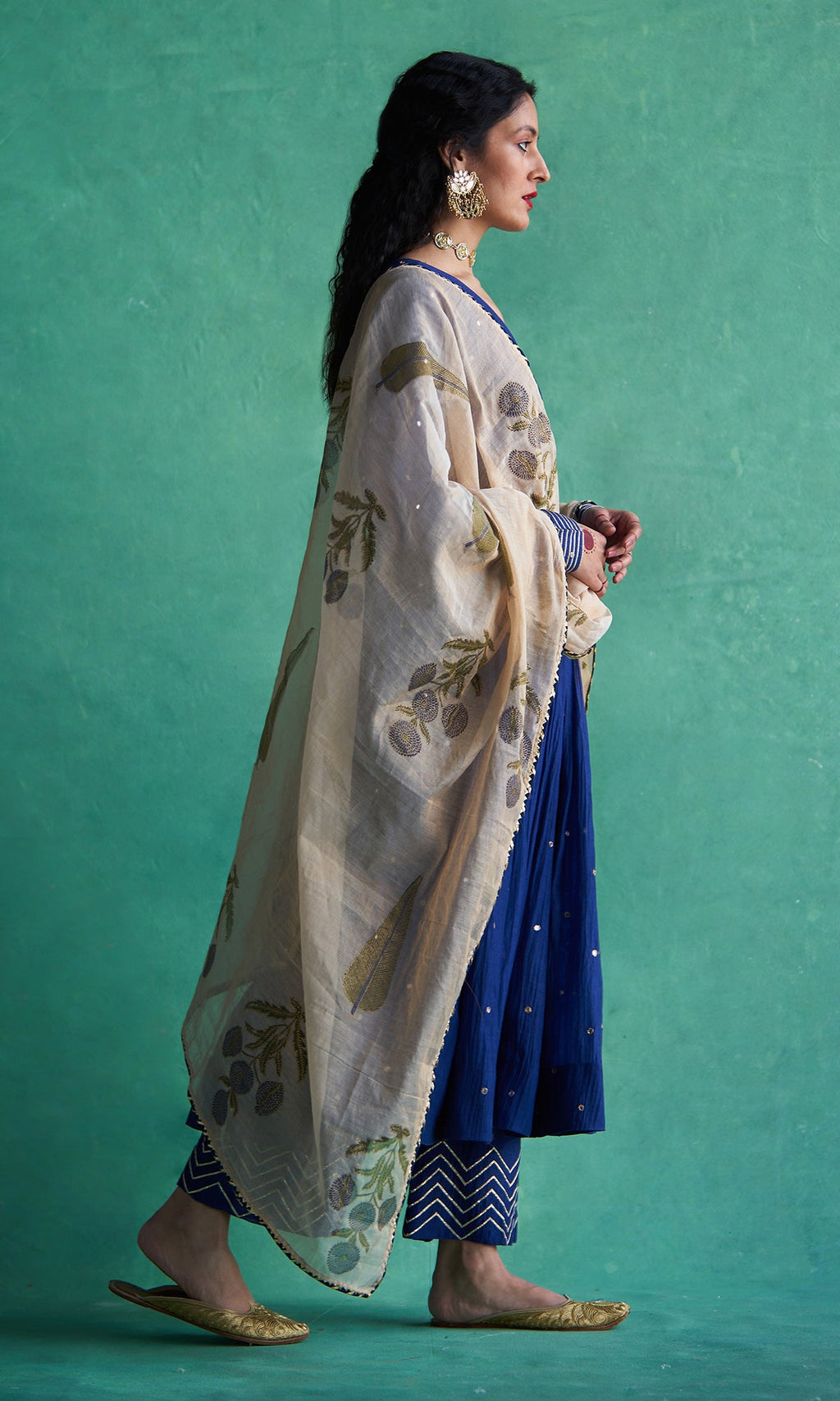 Haseena Blue V-neck Anarkali With Palazzo And Hand Block Print Tissue Chanderi Dupatta (Set Of 3) RTS