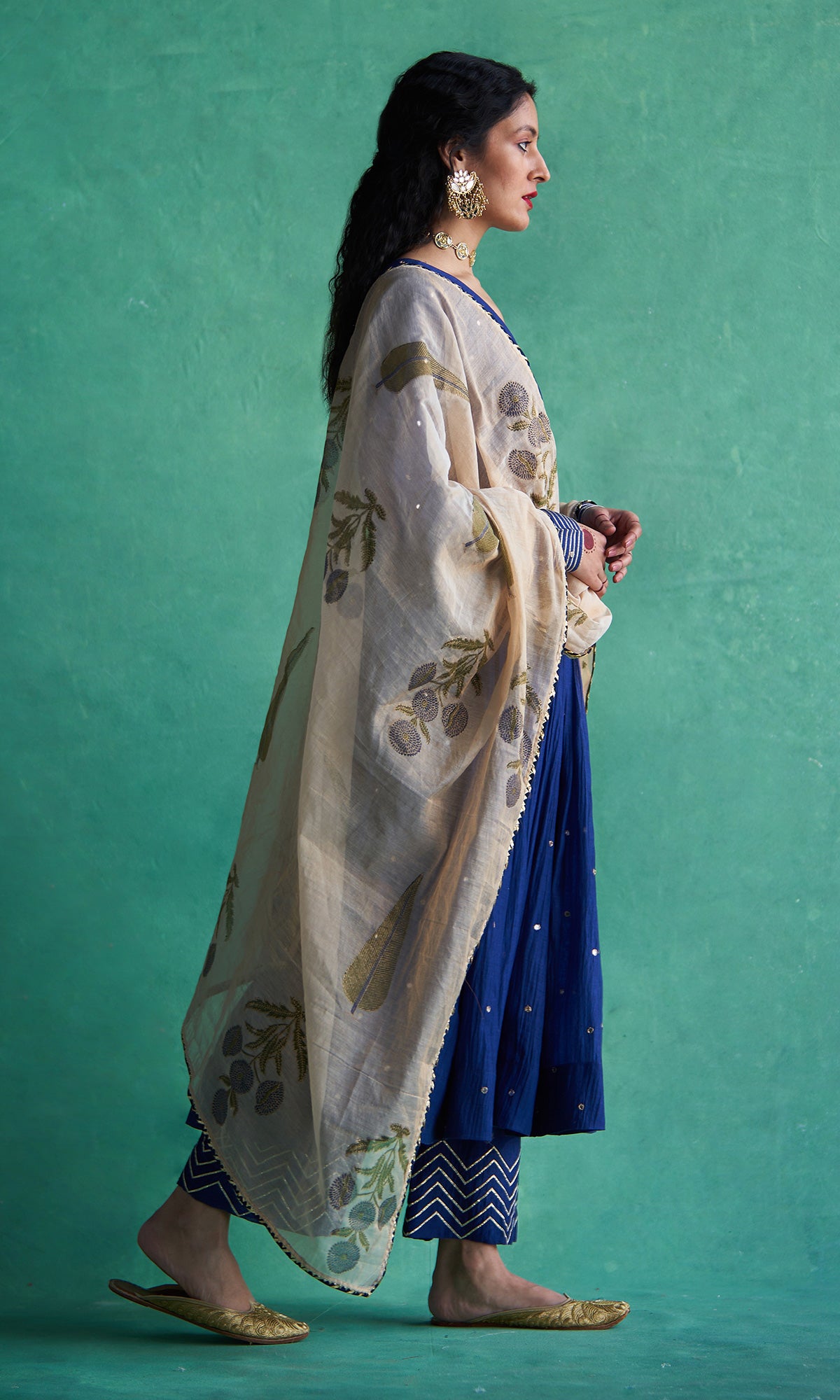 Haseena Blue V-neck Anarkali With Palazzo And Hand Block Print Tissue Chanderi Dupatta (Set Of 3) RTS