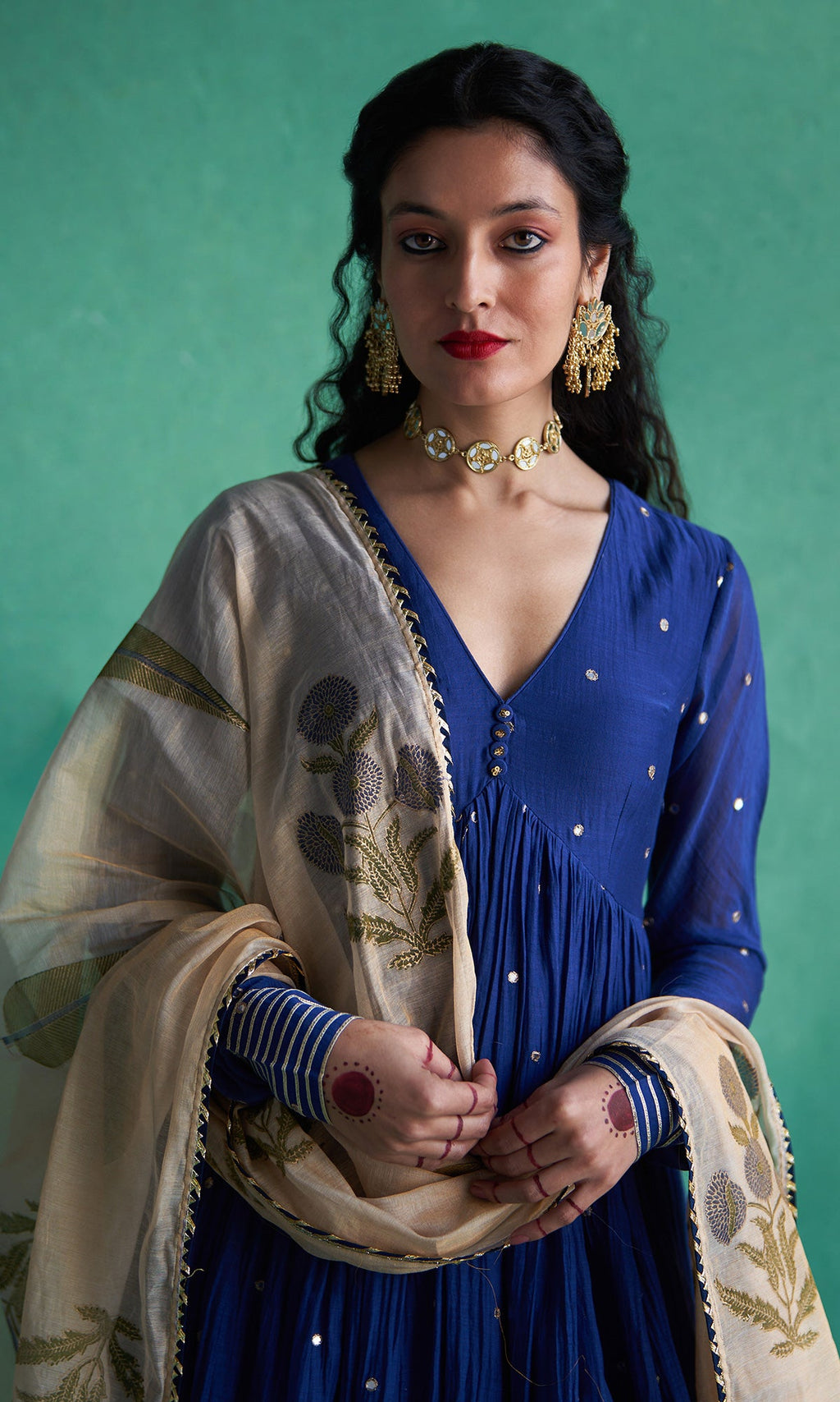 Haseena Blue V-neck Anarkali With Palazzo And Hand Block Print Tissue Chanderi Dupatta (Set Of 3) RTS