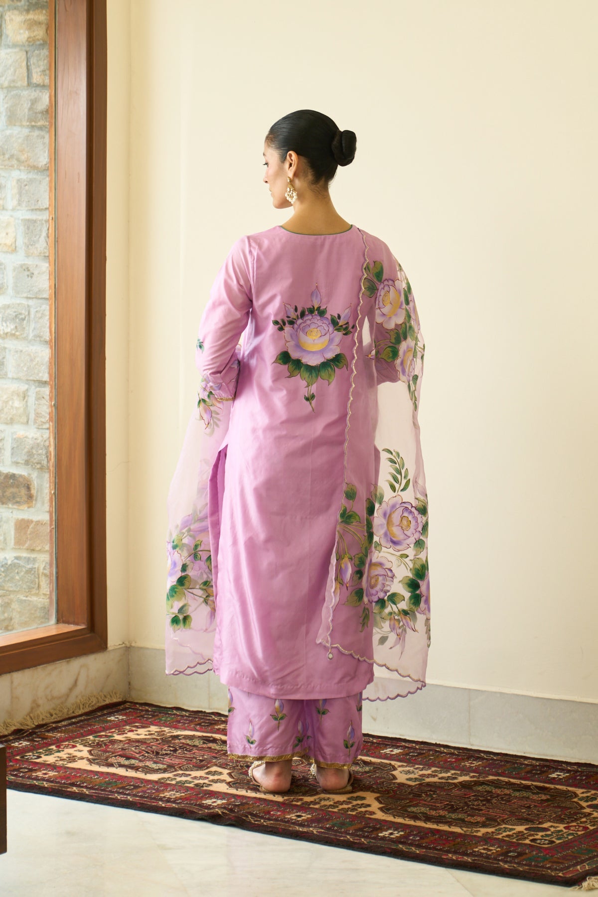 Saanjh Lilac Silk Handpainted Straight Kurta With Palazzo And Dupatta ( Set Of 3)