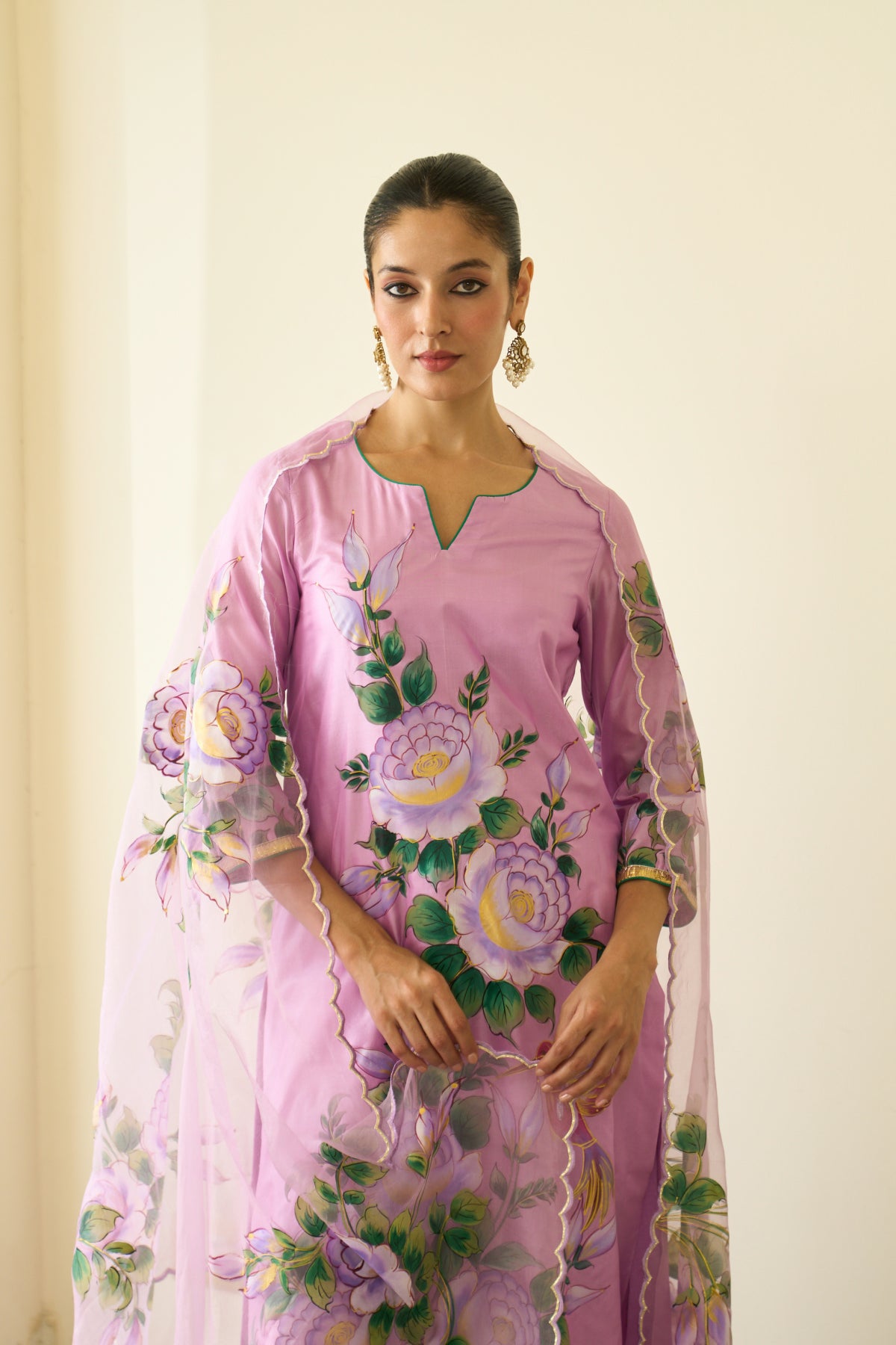 Saanjh Lilac Silk Handpainted Straight Kurta With Palazzo And Dupatta ( Set Of 3)