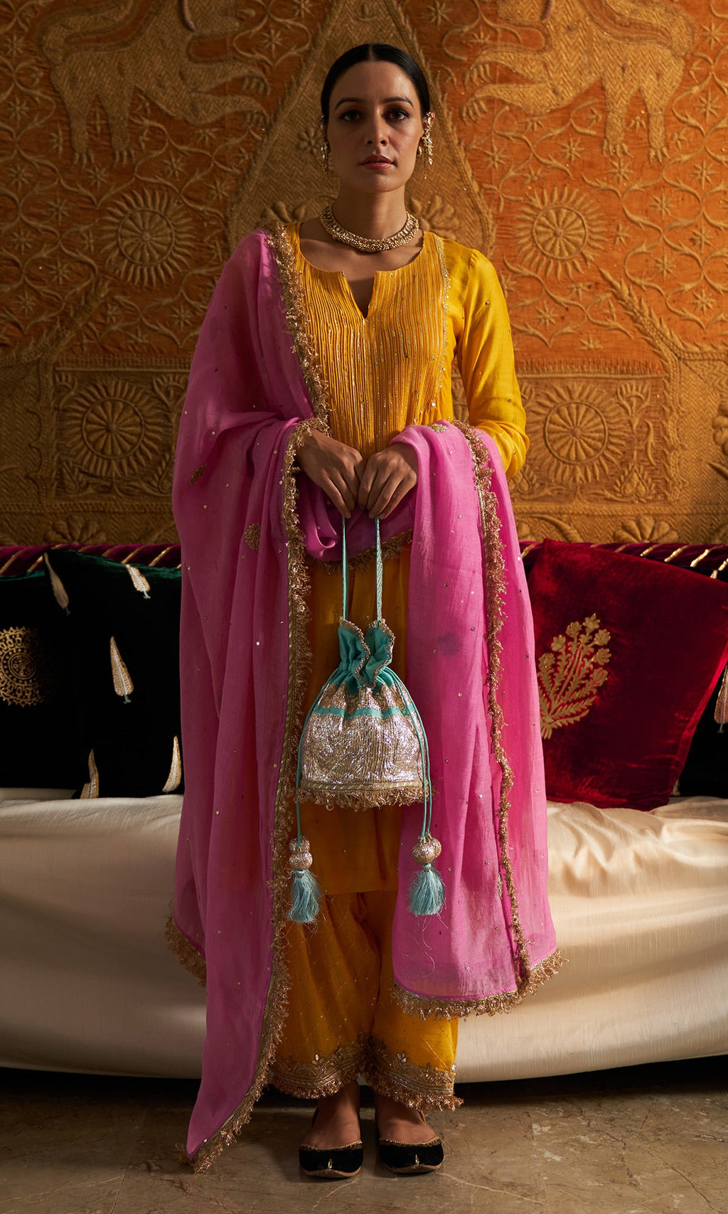 Phillauri - Mustard Yellow Pintuck Kurta With Salwar And Dupatta - Set Of 3 - Ready to ship