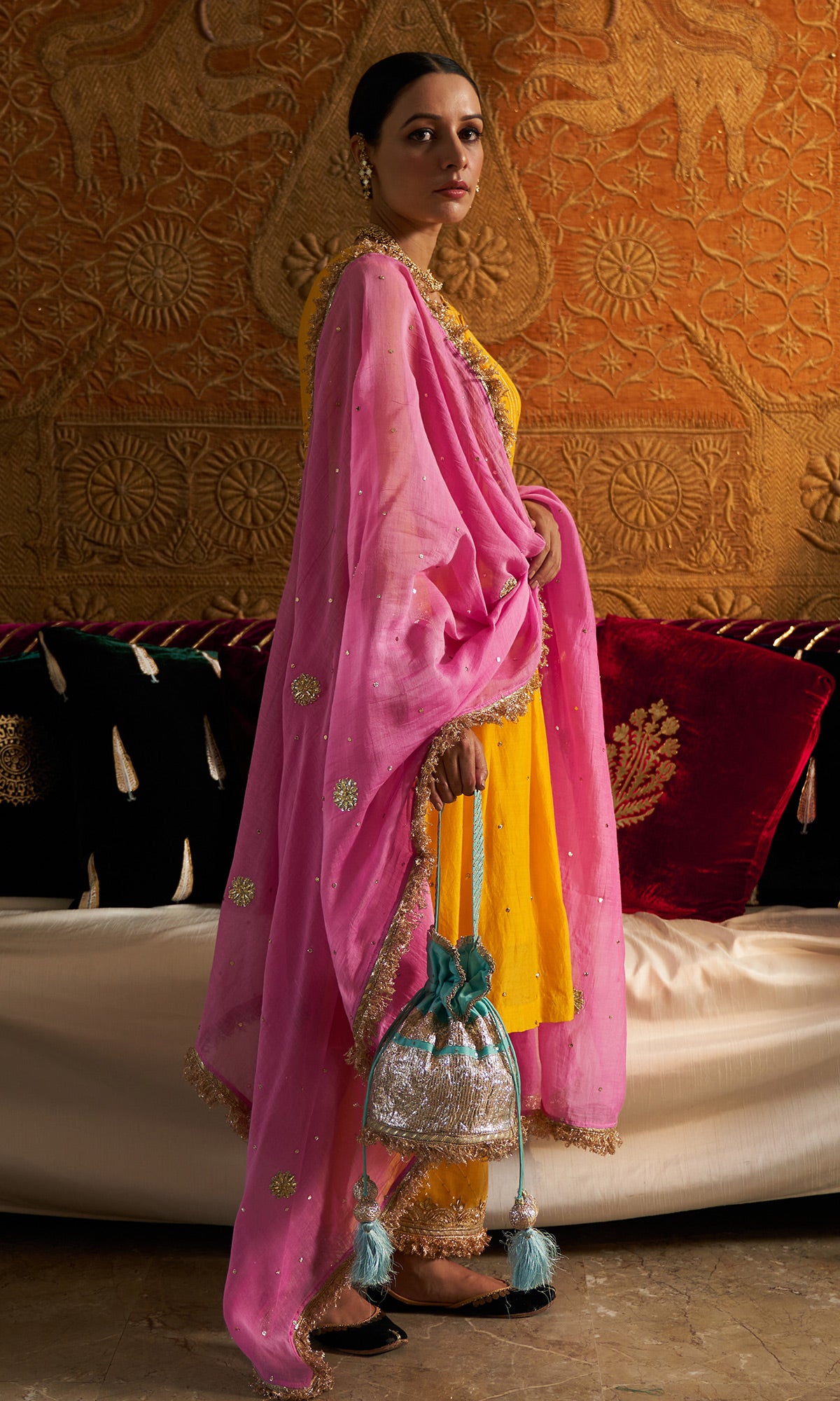 Phillauri - Mustard Yellow Pintuck Kurta With Salwar And Dupatta - Set Of 3 - Ready to ship