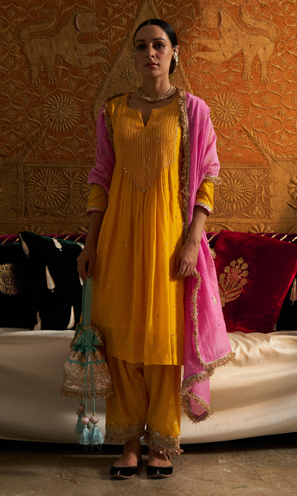 Phillauri - Mustard Yellow Pintuck Kurta With Salwar And Dupatta - Set Of 3 - Ready to ship