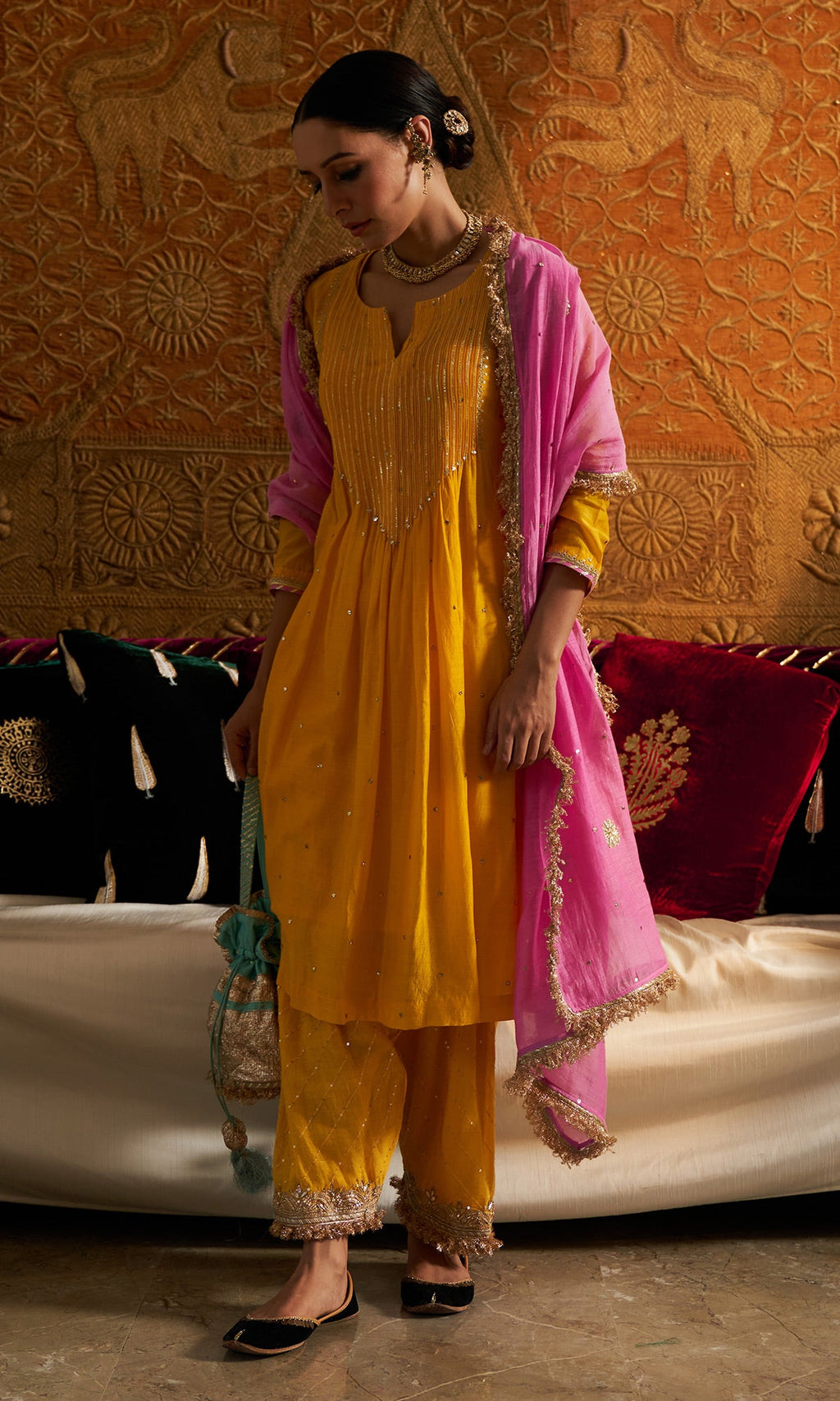 Phillauri - Mustard Yellow Pintuck Kurta With Salwar And Dupatta - Set Of 3 - Ready to ship