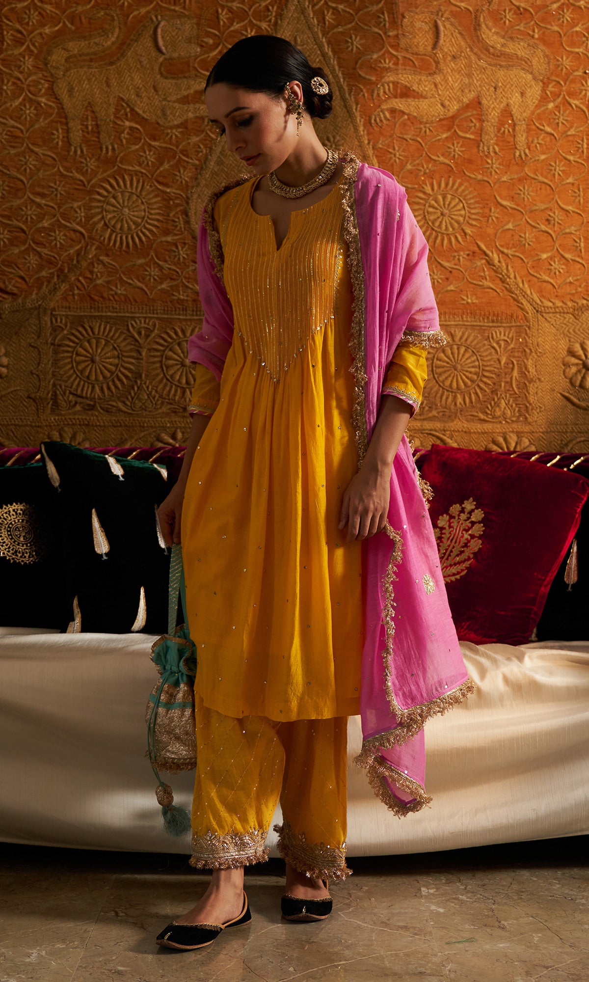 Phillauri - Mustard Yellow Pintuck Kurta With Salwar And Dupatta - Set Of 3 - Ready to ship