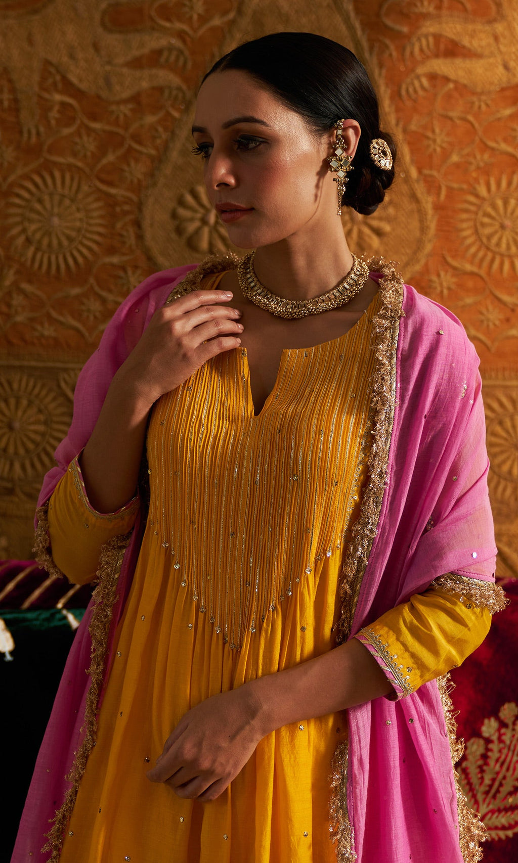 Phillauri - Mustard Yellow Pintuck Kurta With Salwar And Dupatta - Set Of 3 - Ready to ship
