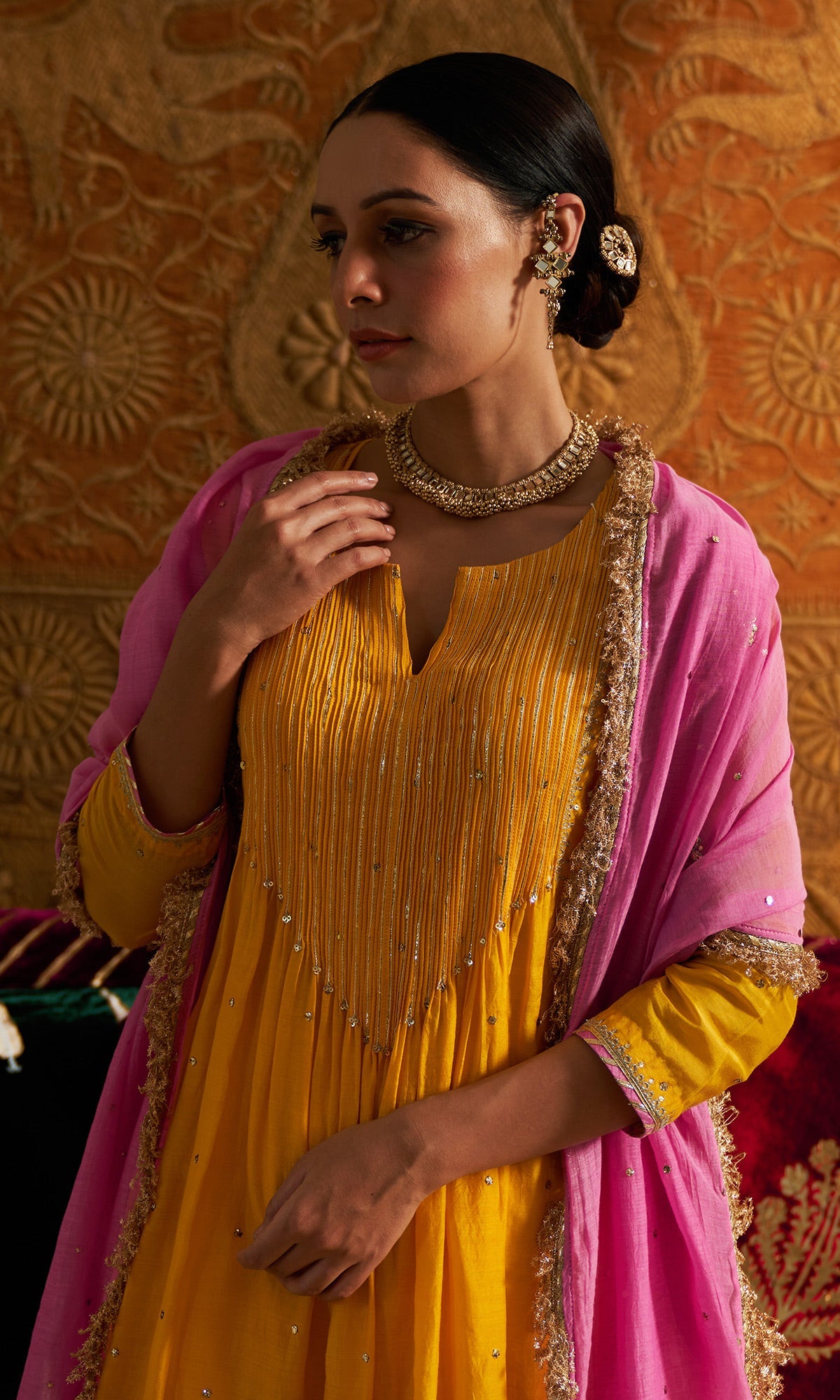 Phillauri - Mustard Yellow Pintuck Kurta With Salwar And Dupatta - Set Of 3 - Ready to ship