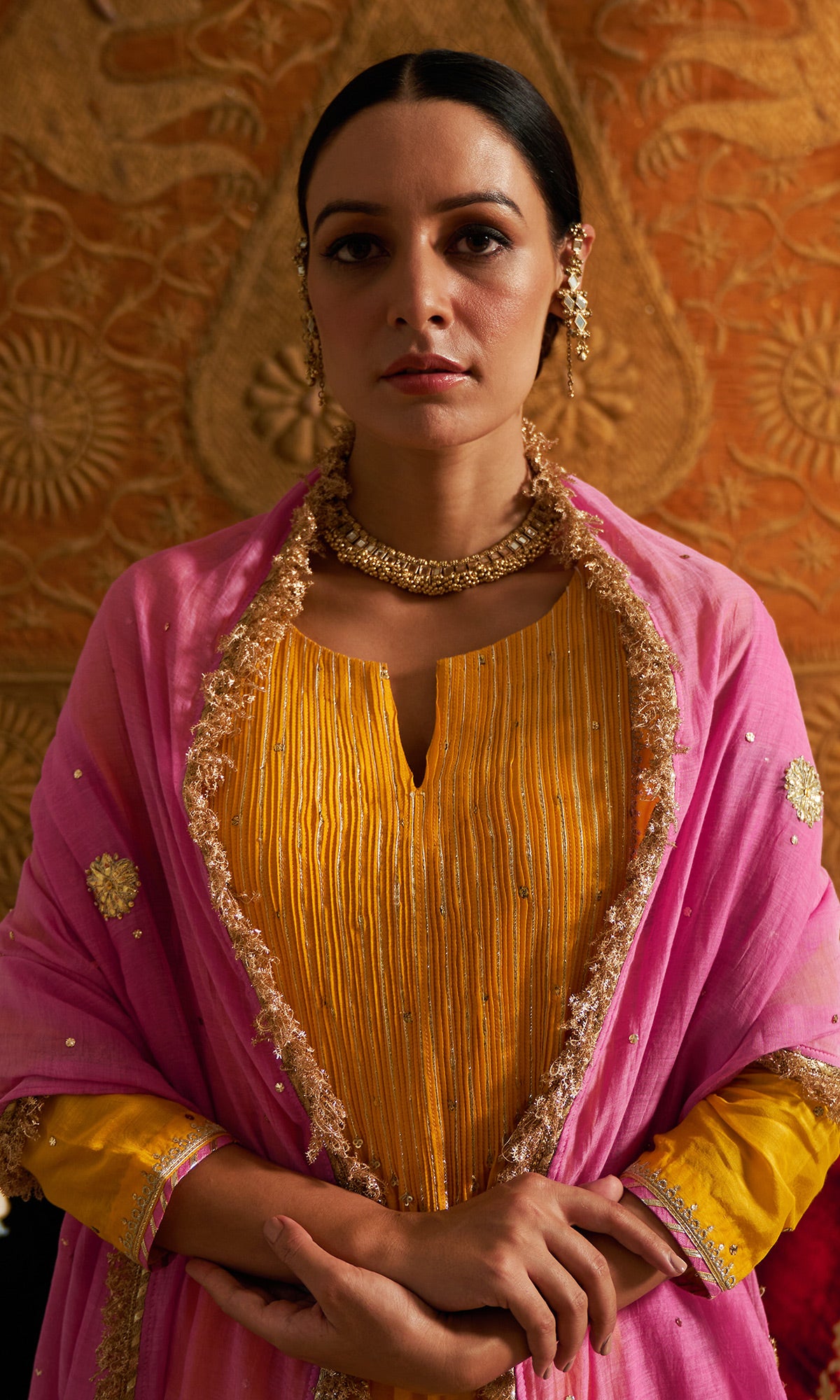 Phillauri - Mustard Yellow Pintuck Kurta With Salwar And Dupatta - Set Of 3 - Ready to ship