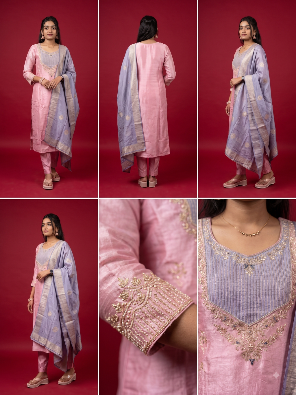 Pastel Blush Pink & Lavender Embroidered Silk Kurta set