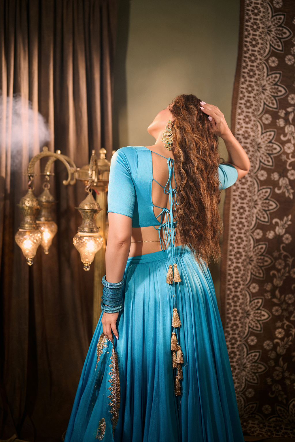 Aamna Sharif in Solid Turquoise Lehenga with Blouse and Embroidered Dupatta (set of 3) - Ready to ship