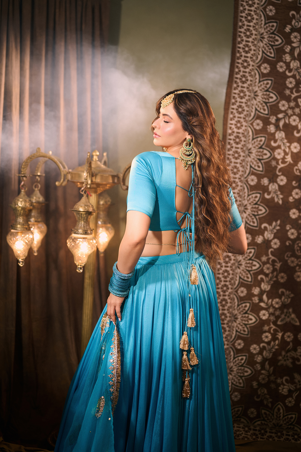 Aamna Sharif in Solid Turquoise Lehenga with Blouse and Embroidered Dupatta (set of 3) - Ready to ship