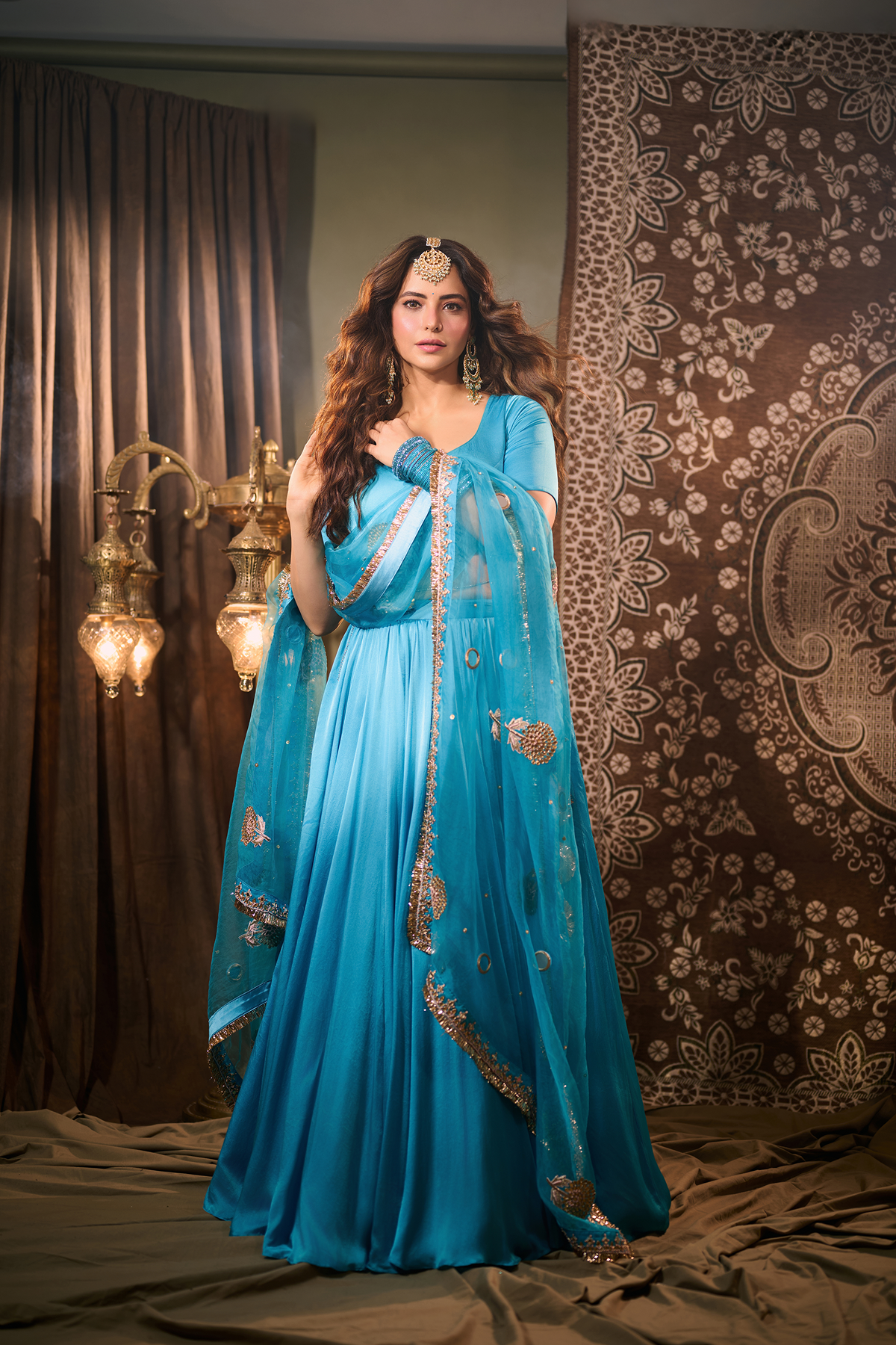 Aamna Sharif in Solid Turquoise Lehenga with Blouse and Embroidered Dupatta (set of 3) - Ready to ship