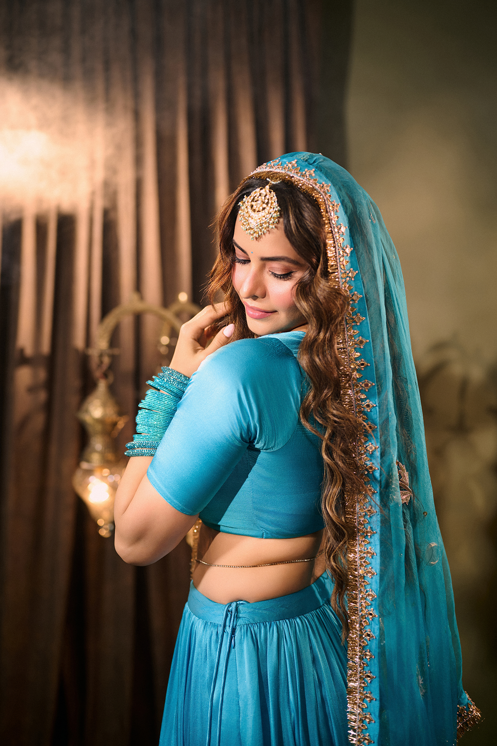 Aamna Sharif in Solid Turquoise Lehenga with Blouse and Embroidered Dupatta (set of 3) - Ready to ship