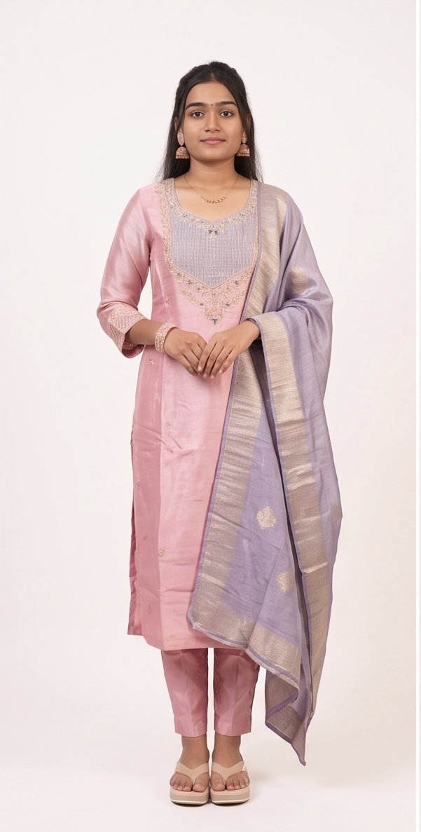 A woman modeling a traditional Indian outfit consisting of a light pink kurta with matching trousers and a lavender-purple dupatta featuring gold zari embroidery, set against a plain off-white background.