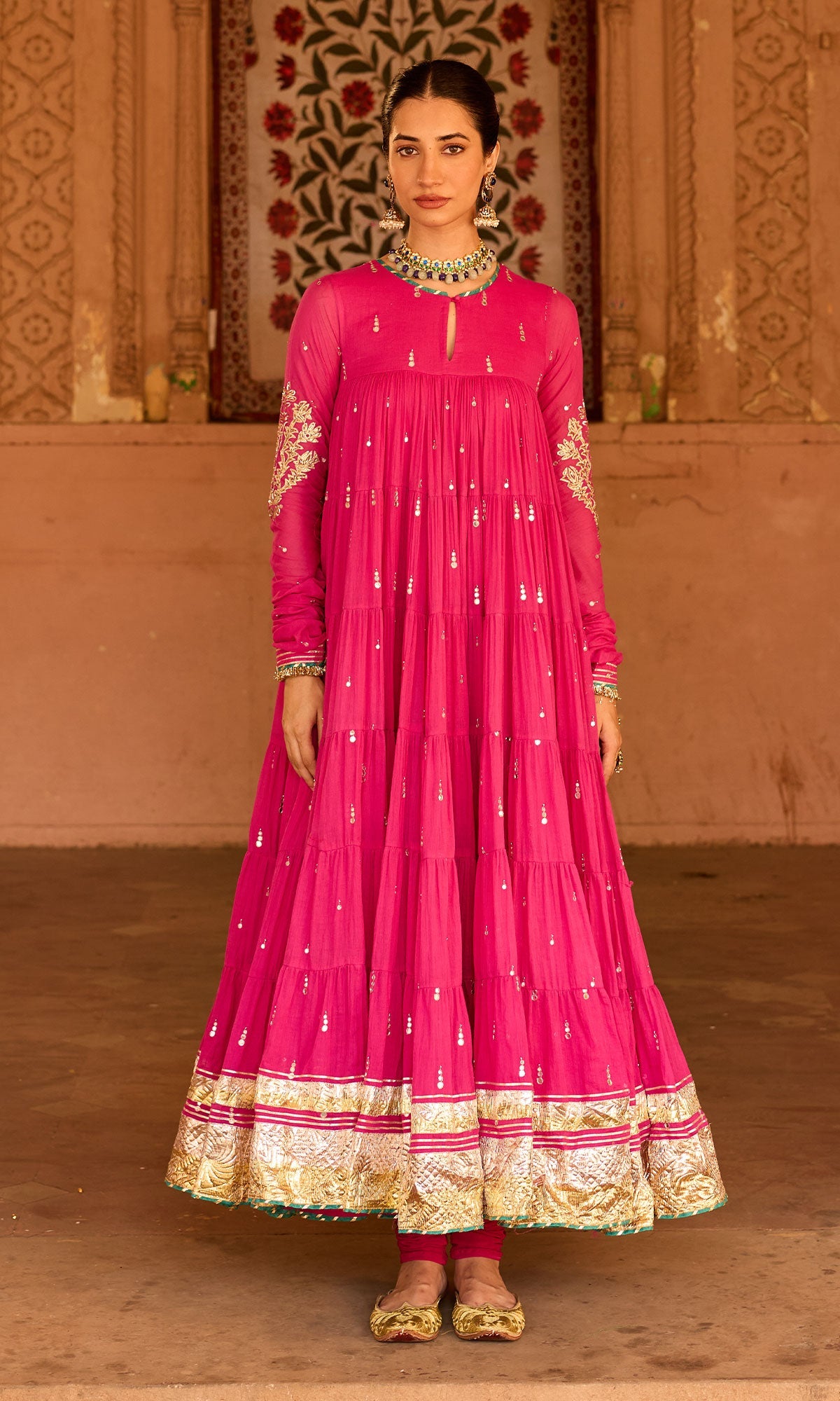 Phillauri 2 rani pink tiered anarkali with chooridar and foil print dupatta (set of 3) RTS