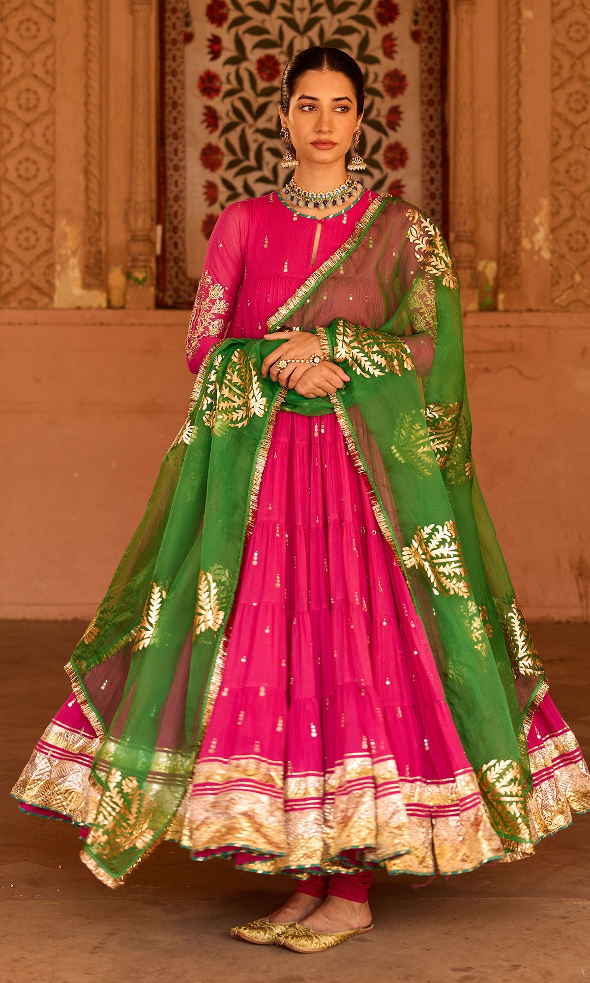 Phillauri 2 rani pink tiered anarkali with chooridar and foil print dupatta (set of 3) RTS