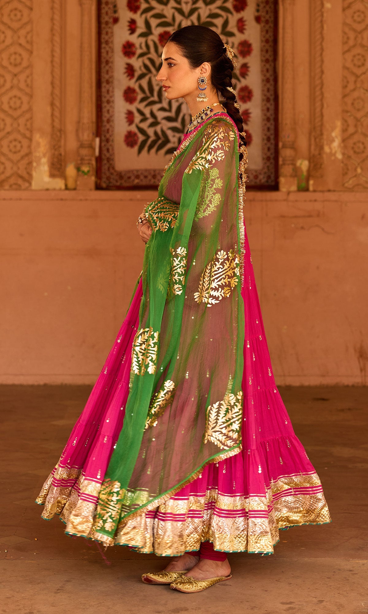 Phillauri 2 rani pink tiered anarkali with chooridar and foil print dupatta (set of 3) RTS