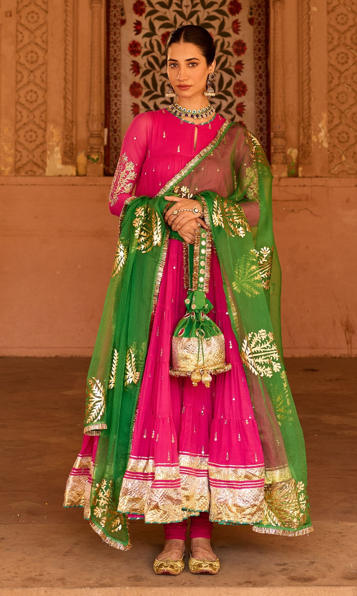 Phillauri 2 rani pink tiered anarkali with chooridar and foil print dupatta (set of 3) RTS