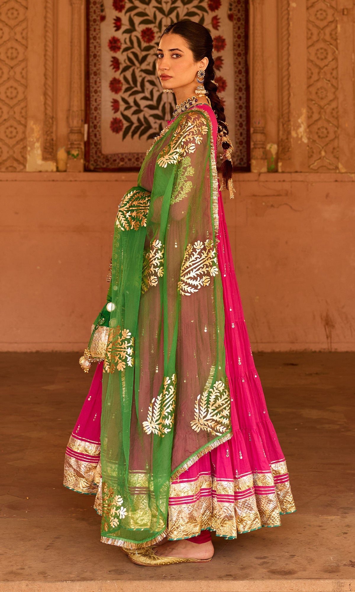 Phillauri 2 rani pink tiered anarkali with chooridar and foil print dupatta (set of 3) RTS