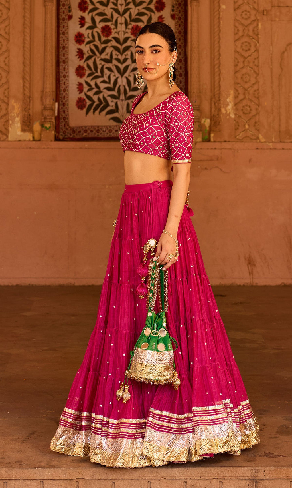 Phillauri 2 rani pink teared lehenga with gota work blouse and foil  print dupatta (set of 3) - Ready to ship