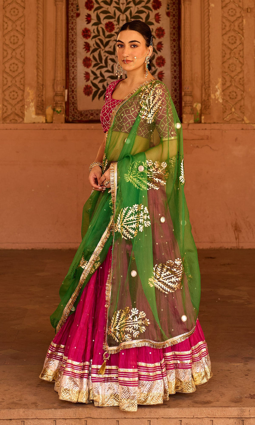 Phillauri 2 rani pink teared lehenga with gota work blouse and foil  print dupatta (set of 3) - Ready to ship