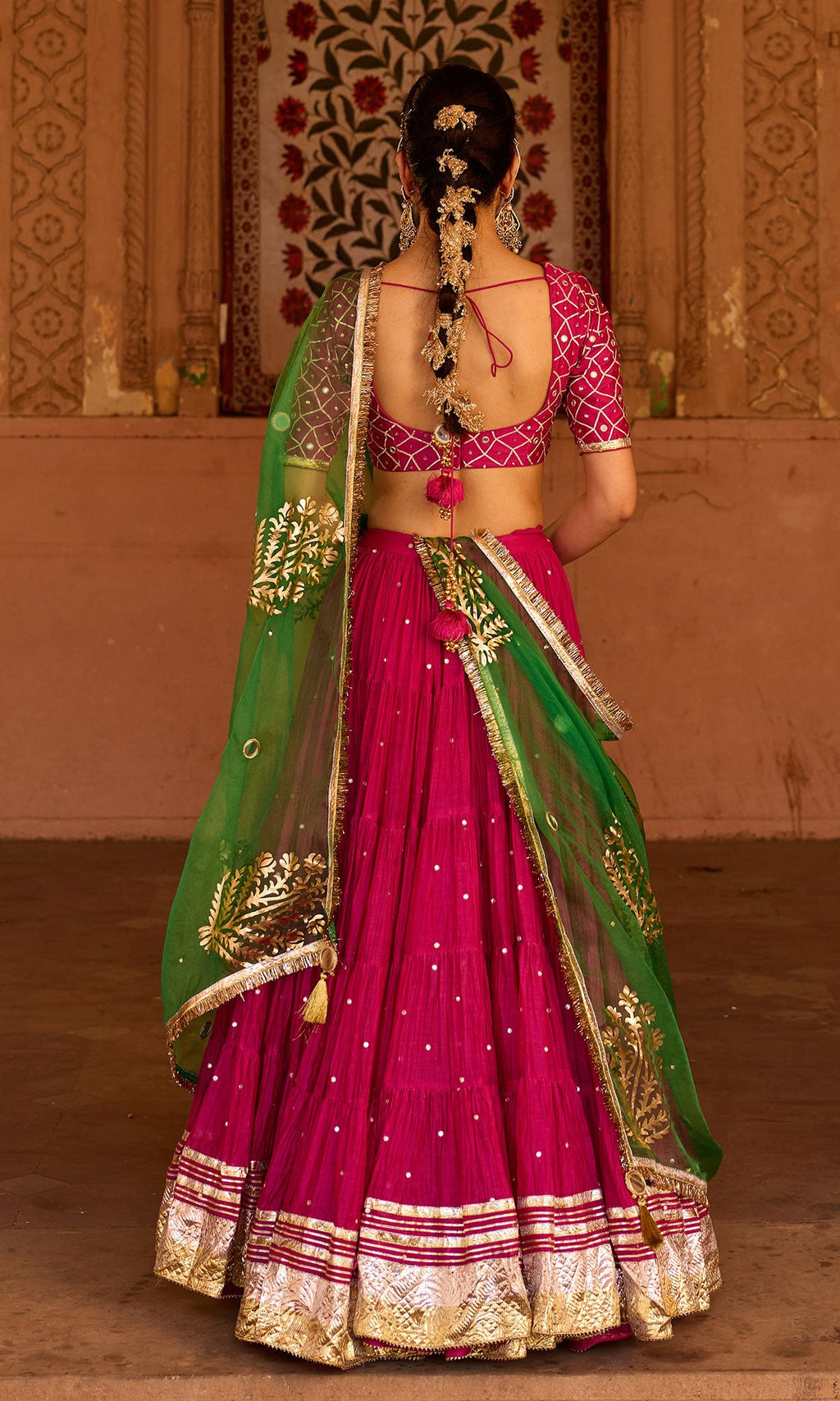 Phillauri 2 rani pink teared lehenga with gota work blouse and foil  print dupatta (set of 3) - Ready to ship